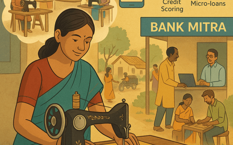 An illustration showing financial inclusion in rural India. In the foreground, a young woman tailor